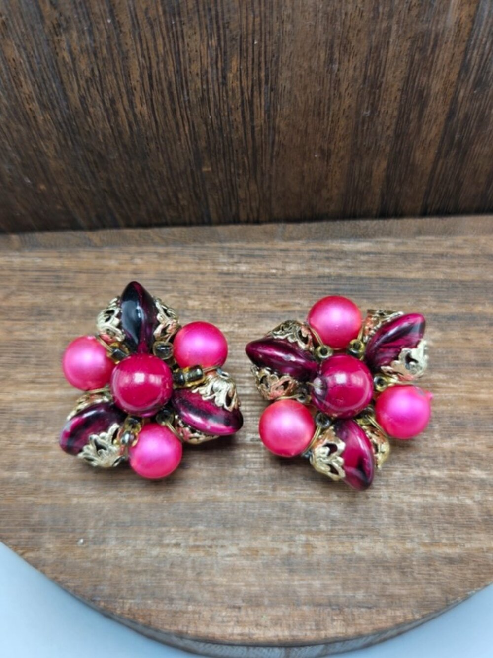 50's Hong Kong Beaded Cluster Earrings Clip-On Magenta Studs Collectable Fashion